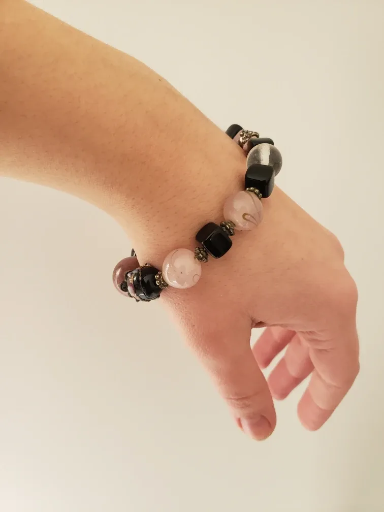 Purple, pink and black elastic beaded bracelet image indicator(2)