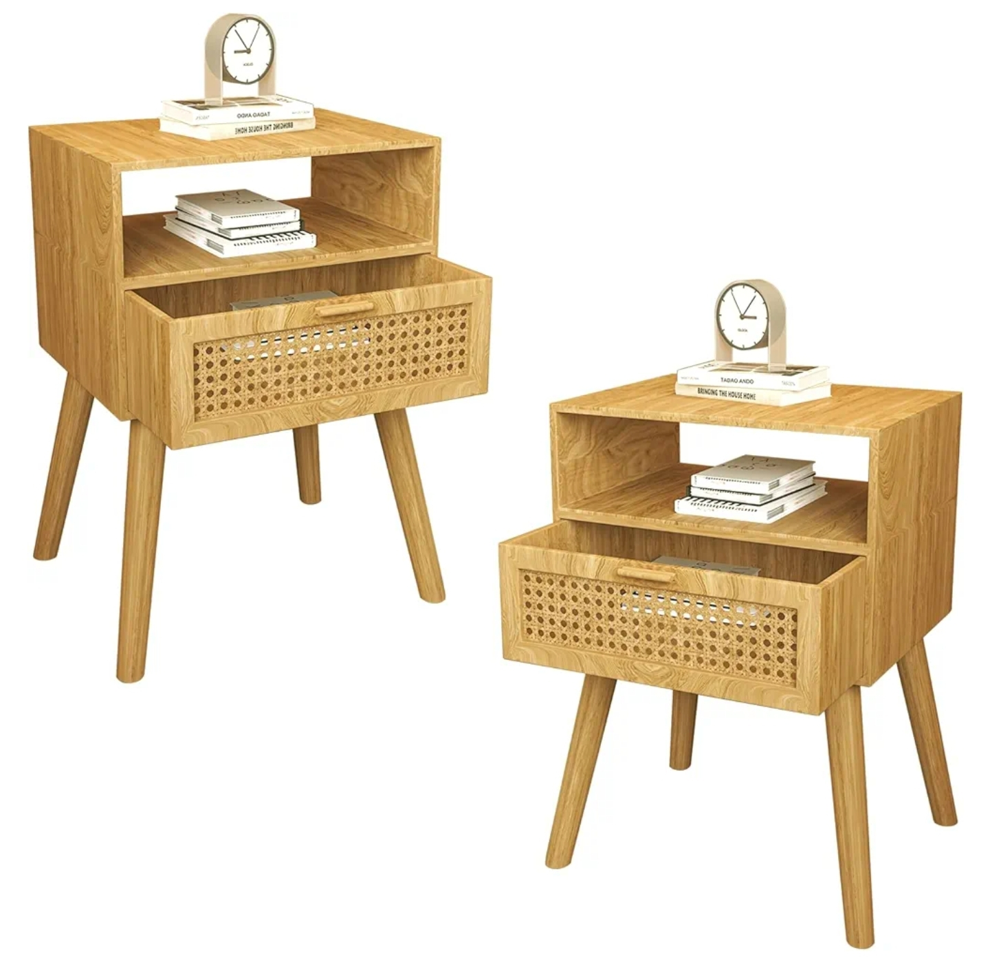 Pair of Mid-Century Modern Nightstands with Rattan Drawer