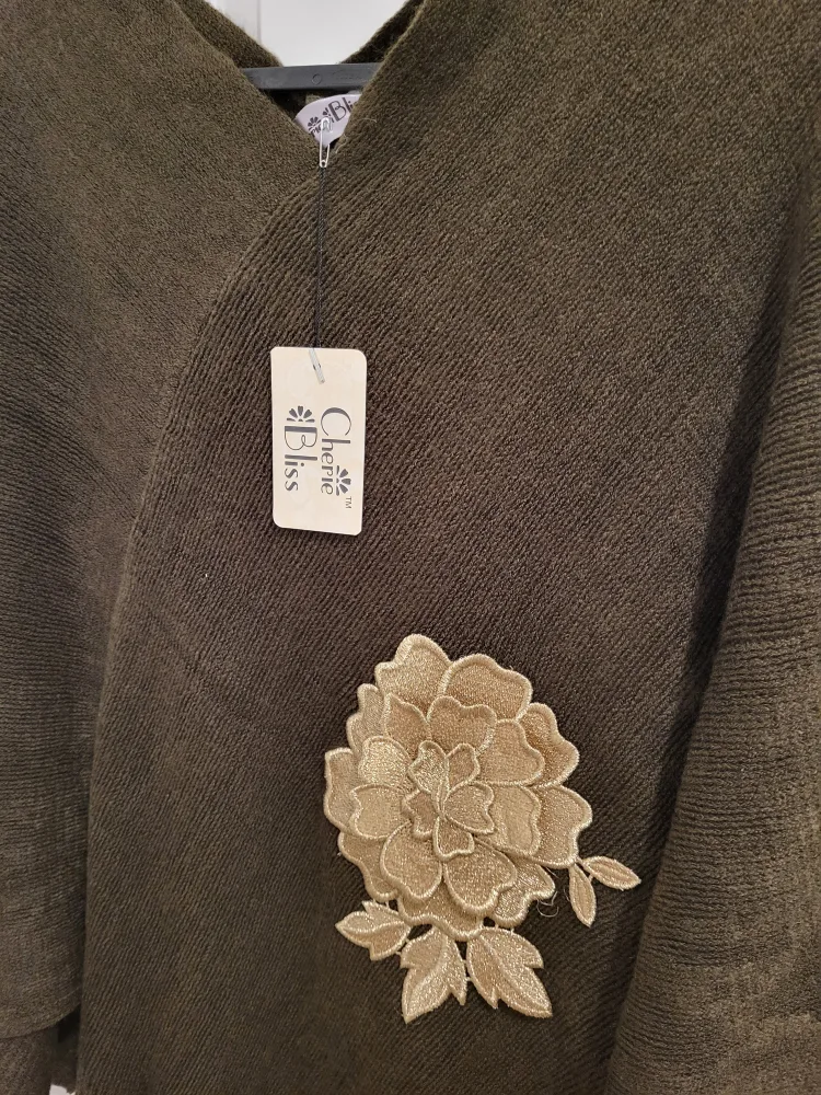 Cherie Bliss Olive Green Poncho with Embroidered Flower image indicator(2)