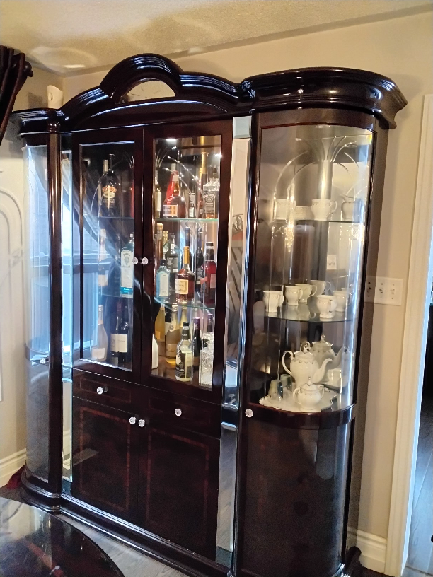 Elegant Dark Wood Bar Cabinet with Glass Doors