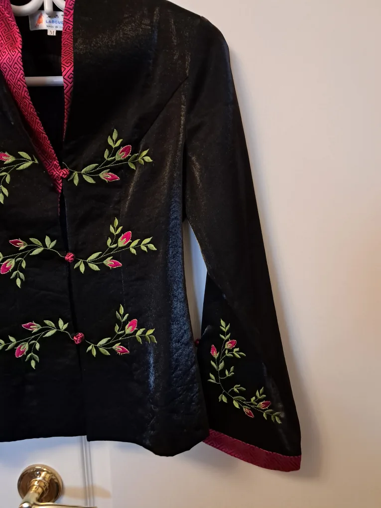 Elegant Black embroidered silk  jacket, size M image indicator(4)