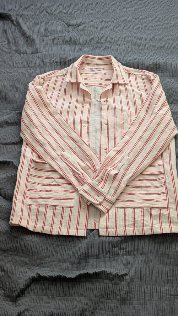Zara Size M Red and White Striped Button-Up Shirt Jacket