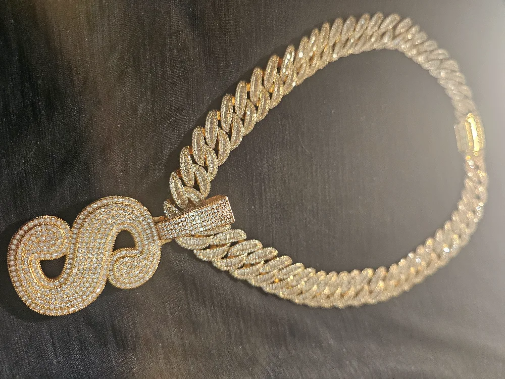 Gold Iced-Out S Pendant with Cuban Link Chain image indicator(2)
