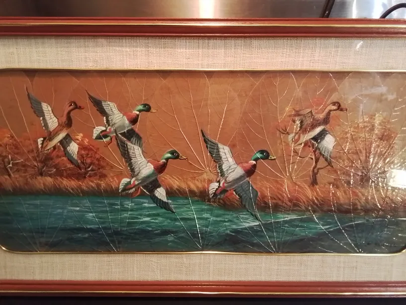 Graceful Mallard' Ducks Alighting Oil Painting On Leaves image indicator(2)