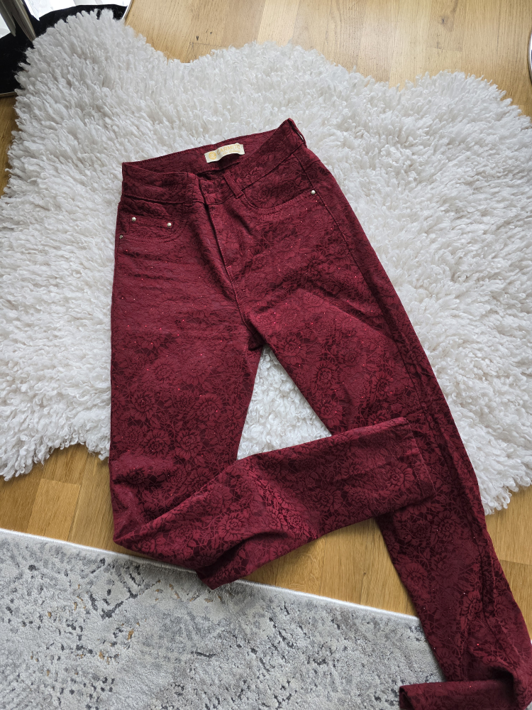 Burgundy Floral Embroidered Jeggings pants - photo 4