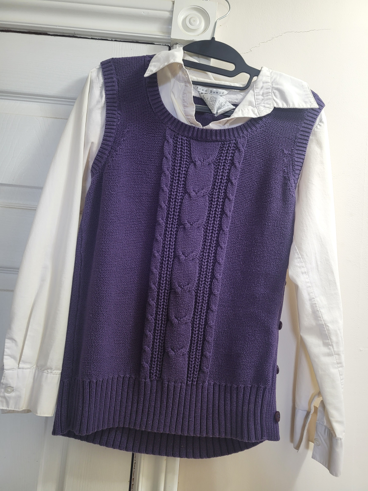 Purple Cable Knit Vest with White Shirt
