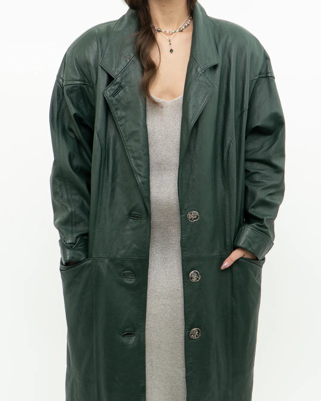 Vintage Forest Green Leather Trench Coat - photo 5