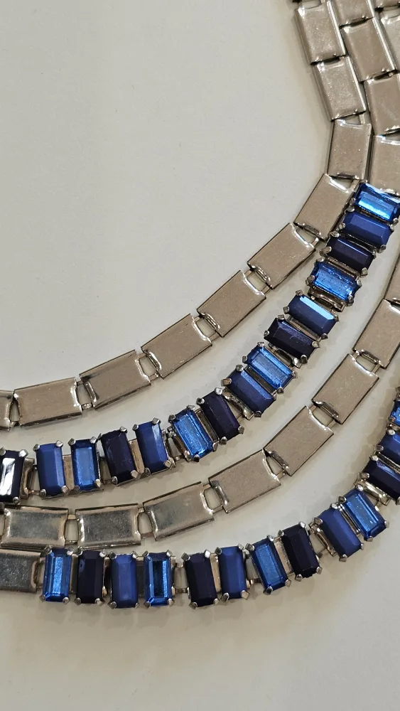 Multi-Strand Silver Tone Necklace with Blue Rhinestones image indicator(3)