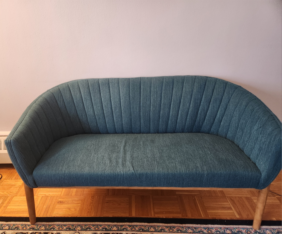 Teal Fabric Loveseat with Wooden Legs