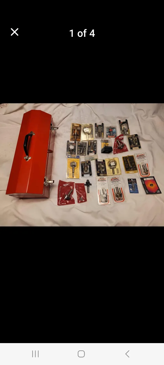 Lot of woodworking router bits and tools with metal toolbox image indicator(3)