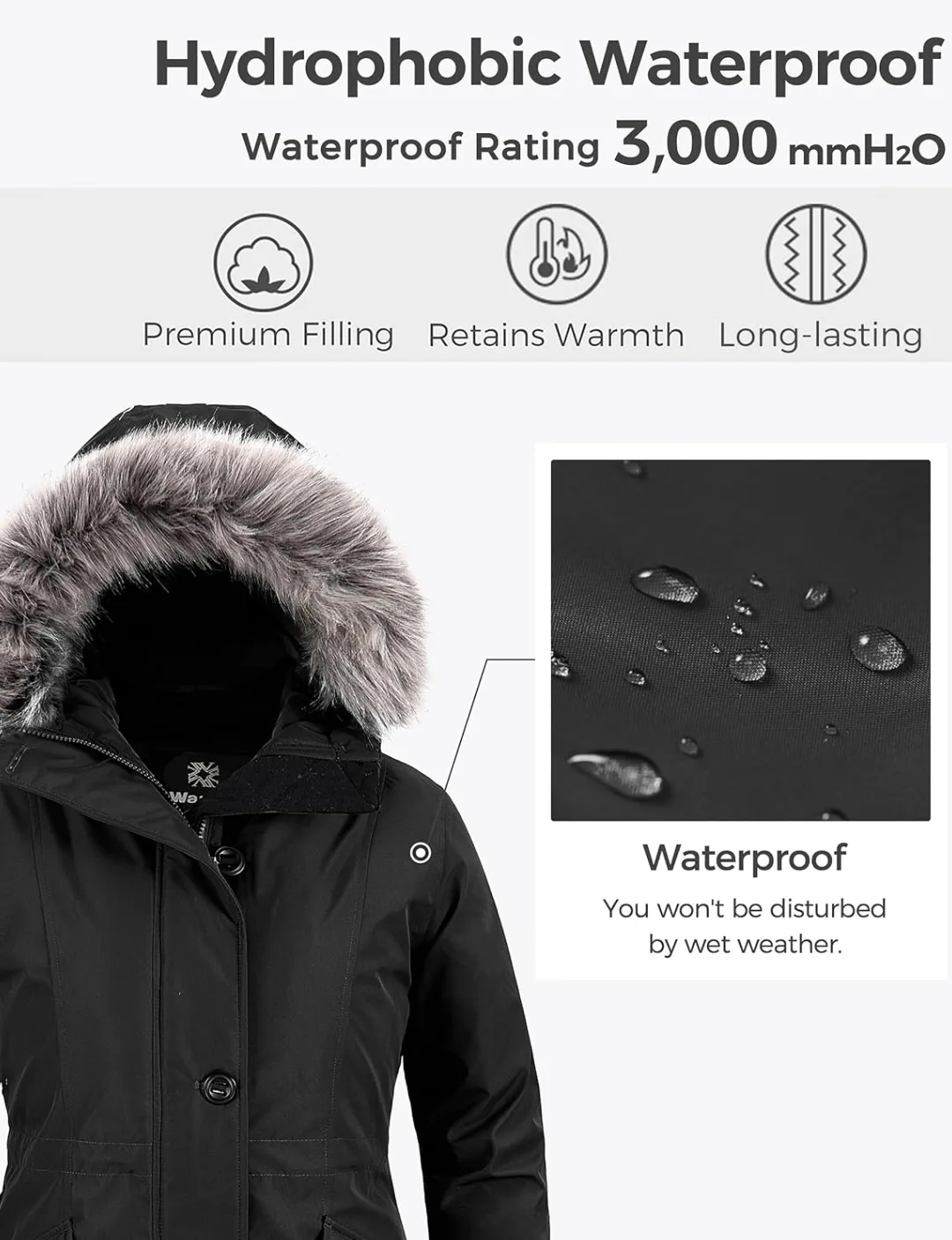 Wantdo Women's Winter Parka - Black Long Puffer Jacket - Size M image indicator(5)