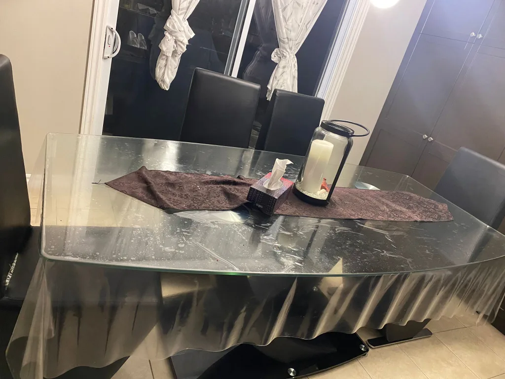 Modern Glass Dining Table and Six Black Leather Chairs image indicator(2)