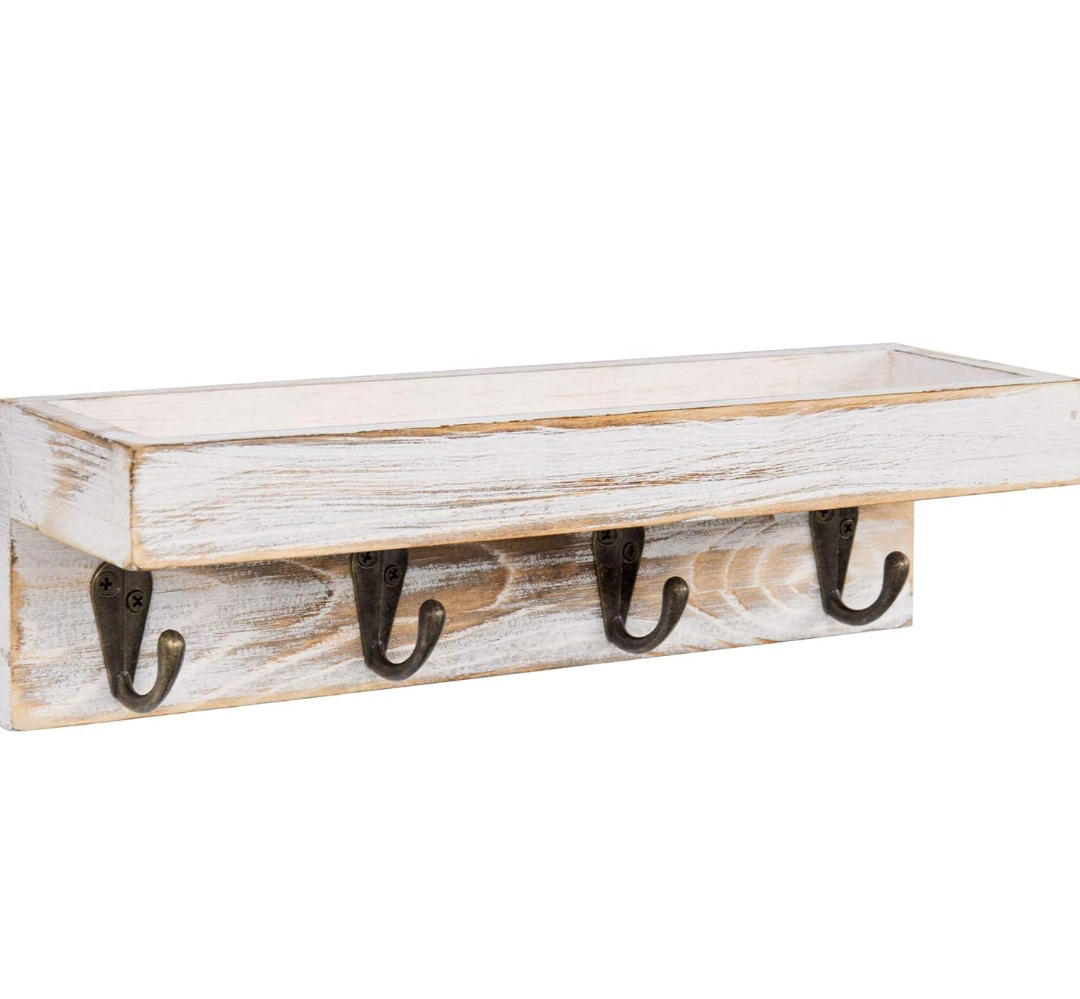 Rustic Whitewashed Wooden Key Holder with Shelf