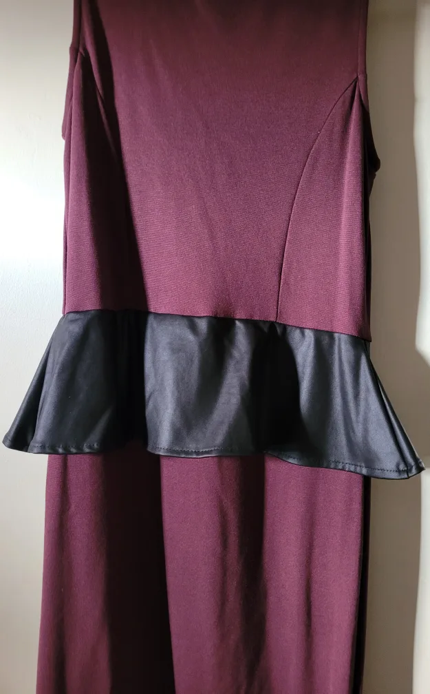 Burgundy Dress with Faux Leather Peplum Detail thumbnail