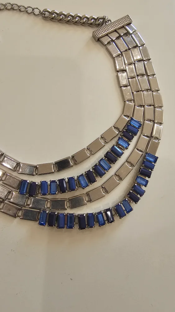 Multi-Strand Silver Tone Necklace with Blue Rhinestones image indicator(2)