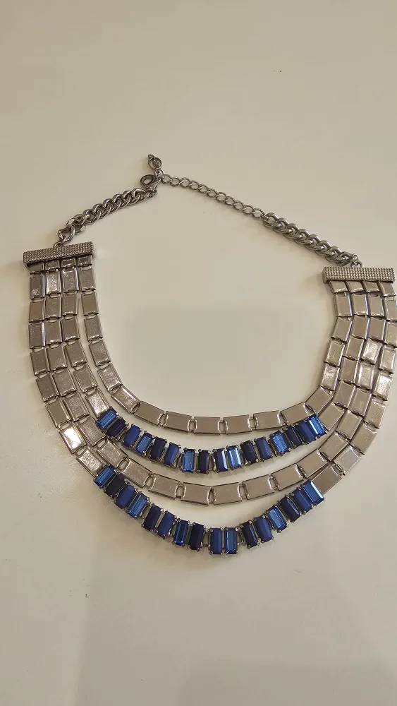 Multi-Strand Silver Tone Necklace with Blue Rhinestones image indicator(7)