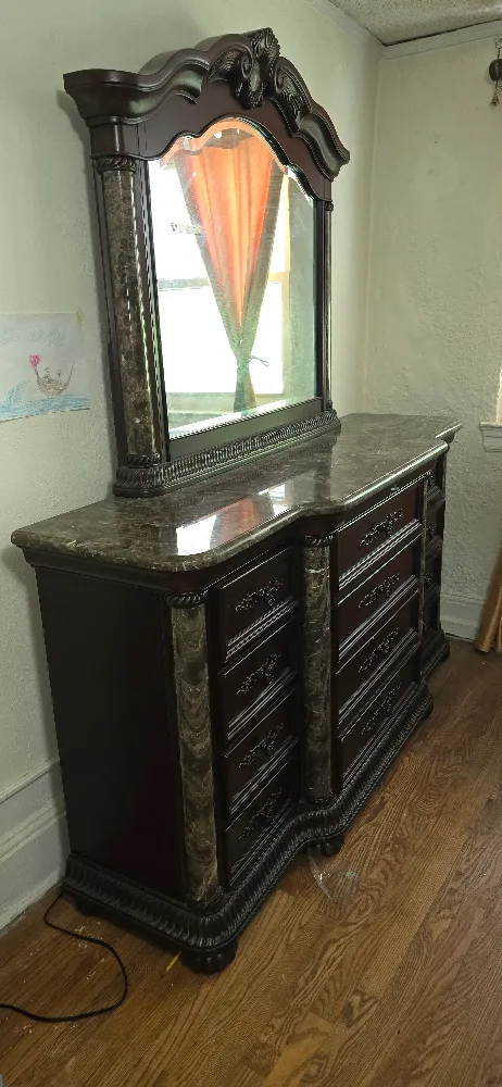 Dark Wood Dresser with Marble Top and Mirror image indicator(4)
