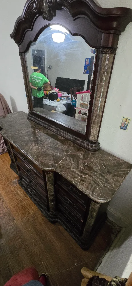 Dark Wood Dresser with Marble Top and Mirror image indicator(6)