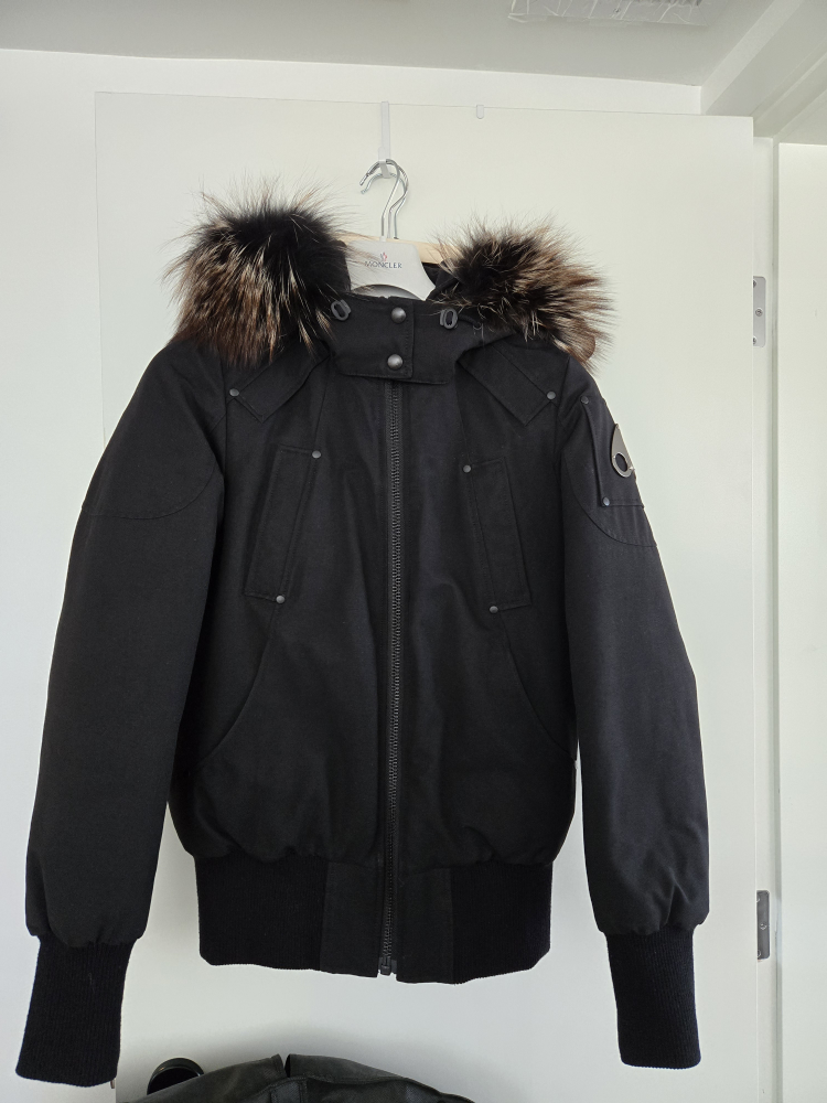 women Moose Knuckles Black Bomber Jacket with Fur Hood