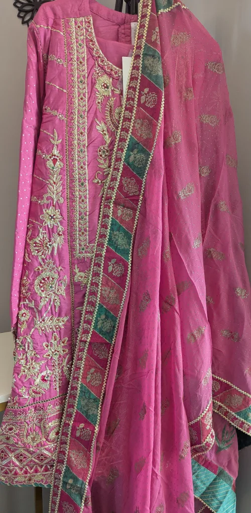 raw silk Pink Embroidered 3-Piece Suit thumbnail