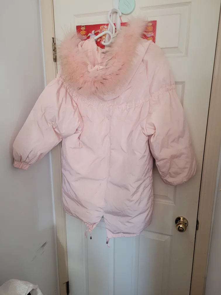 Pink Hooded Puffer down Jacket with Faux Fur Trim - Size M image indicator(2)