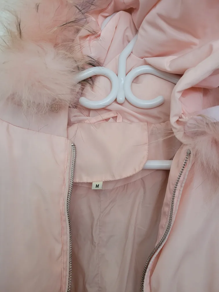 Pink Hooded Puffer down Jacket with Faux Fur Trim - Size M image indicator(3)