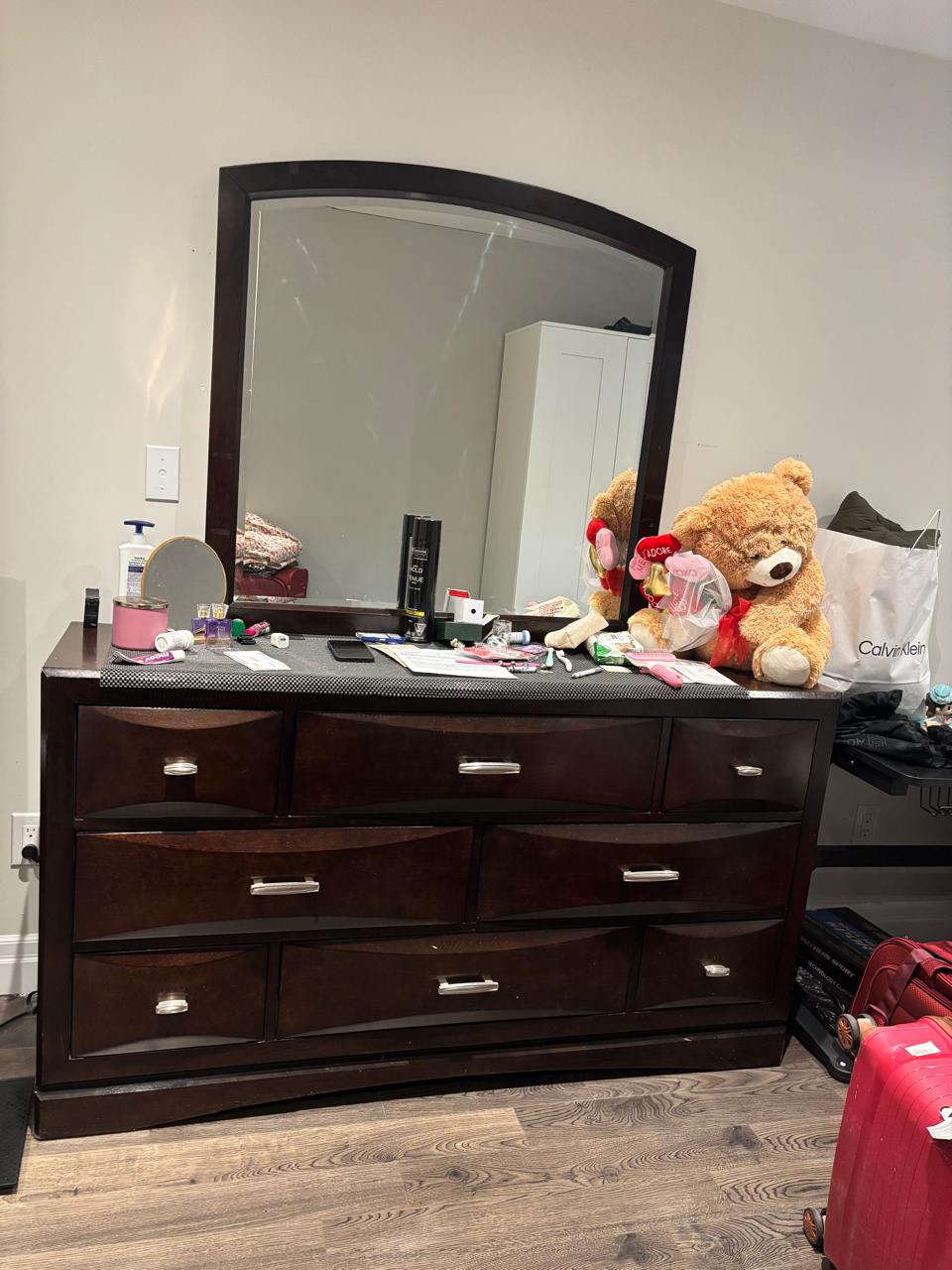 Dark Brown Eight-Drawer Dresser with Mirror