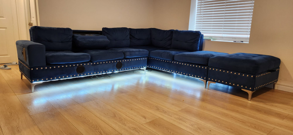 Blue Sectional Sofa with Bluetooth speakers and LED Lights