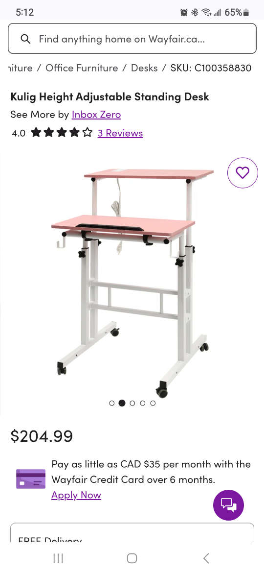 Kulig Height Adjustable Standing Desk - Pink