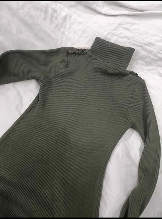 Olive Green Ribbed Turtleneck Sweater Dress image indicator(2)