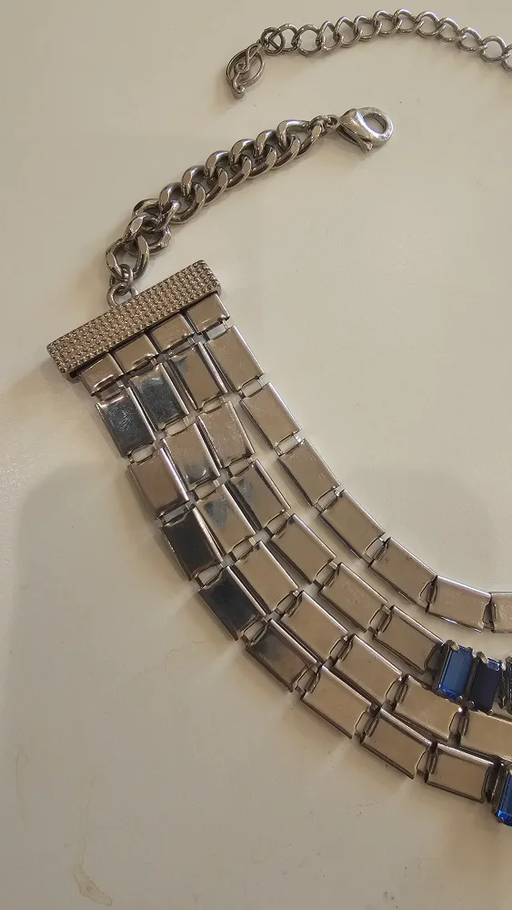 Multi-Strand Silver Tone Necklace with Blue Rhinestones image indicator(5)