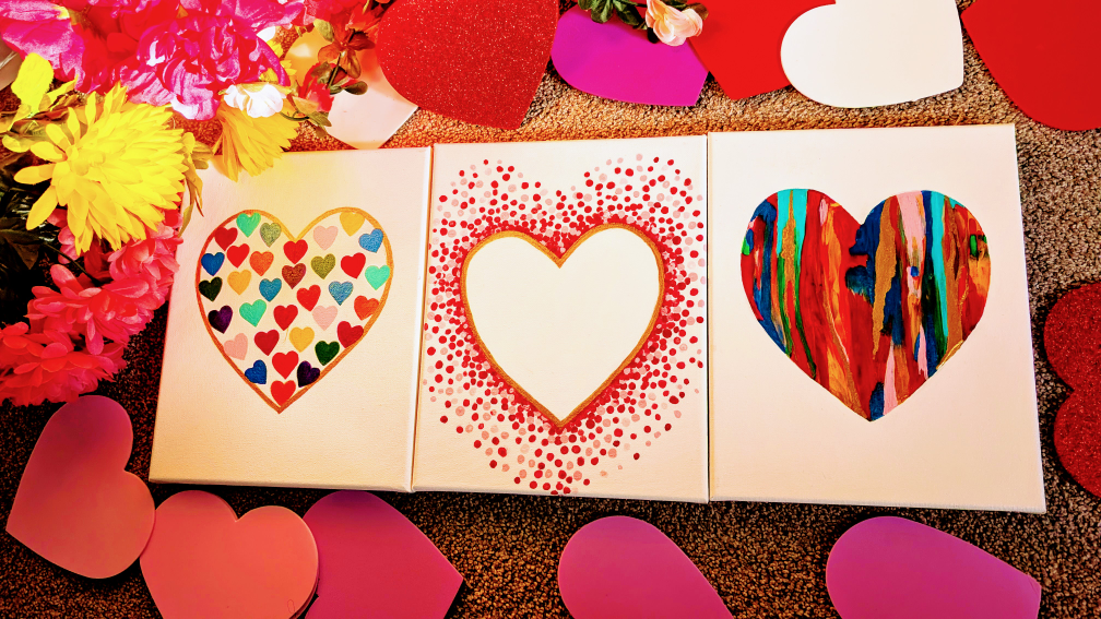 Set of three heart canvas paintings for gifting on Valentine'