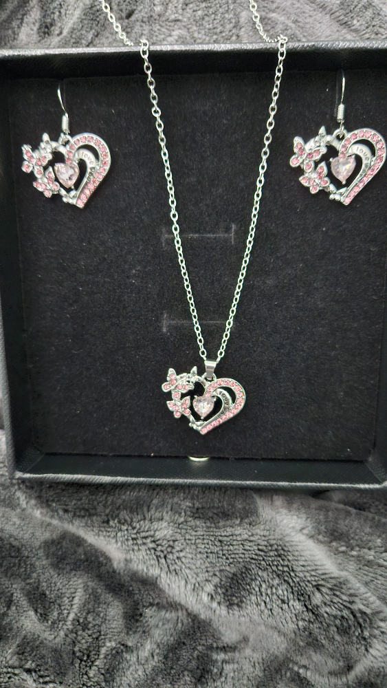 Pink Crystal Heart Necklace and Earring Set