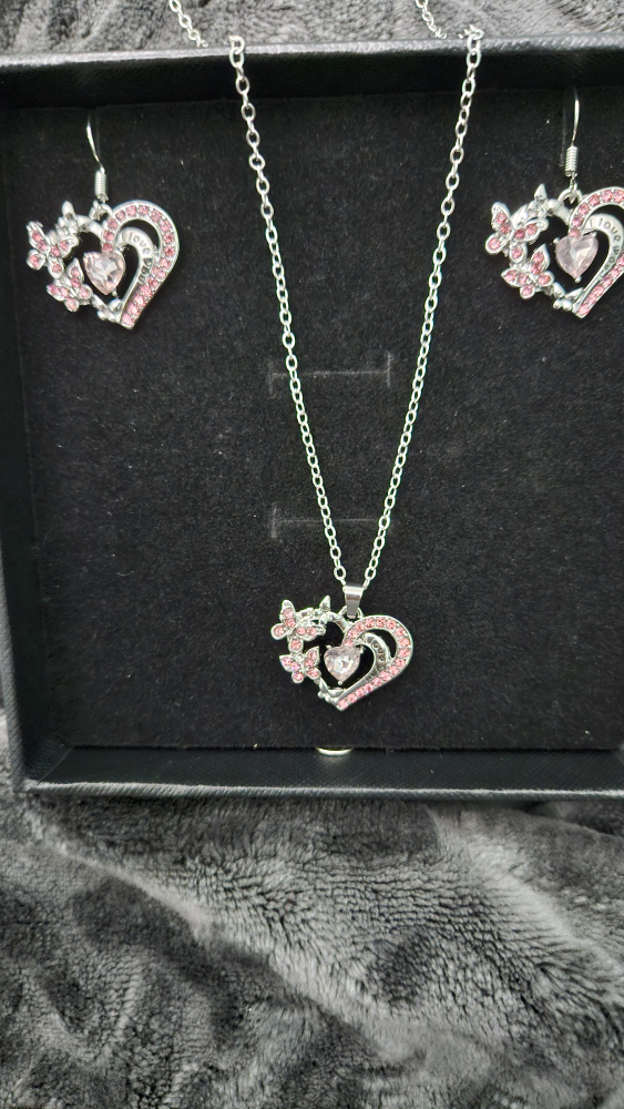 Pink Crystal Heart Necklace and Earring Set - photo 2
