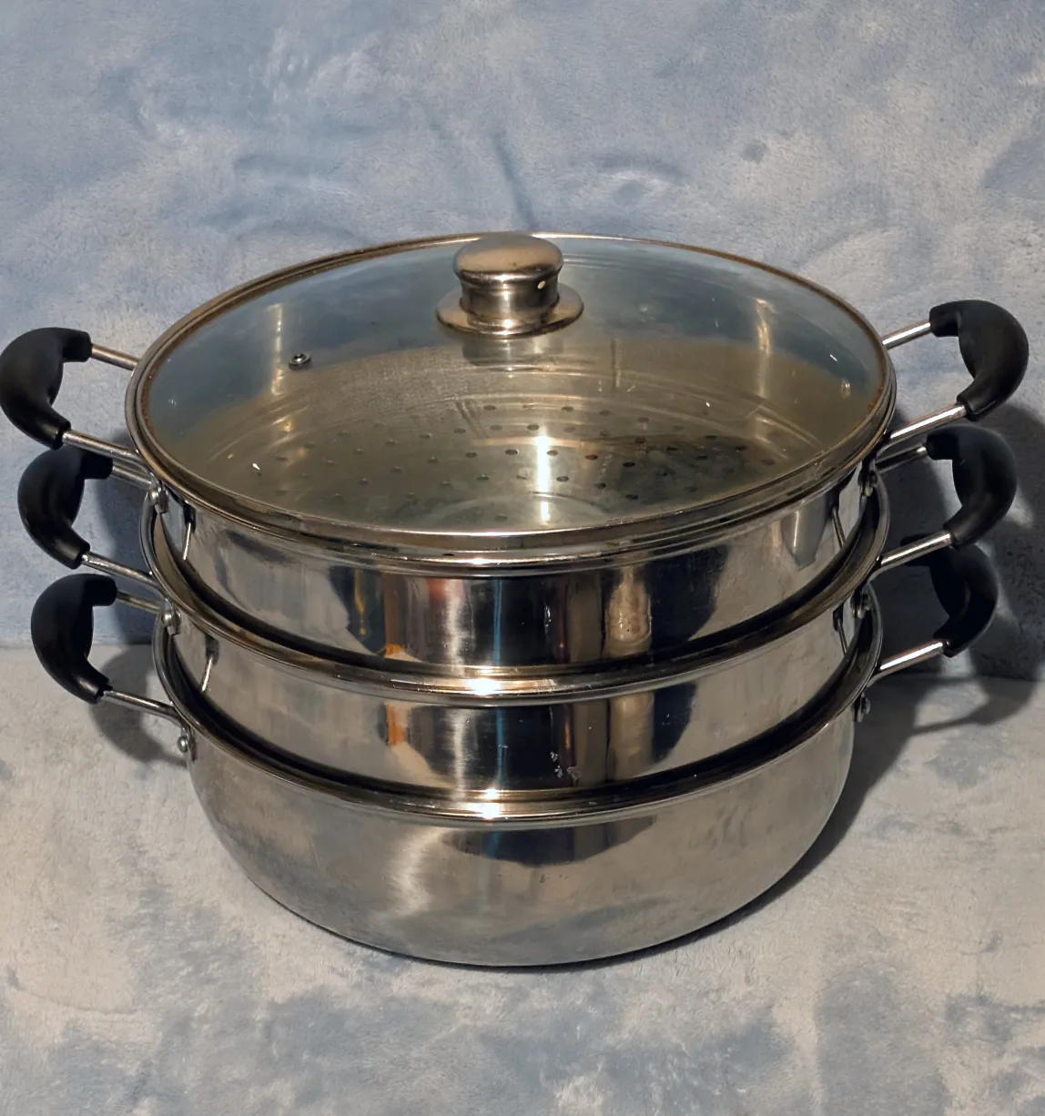 Three-Tier Stainless Steel Steamer with Glass Lid image indicator(2)