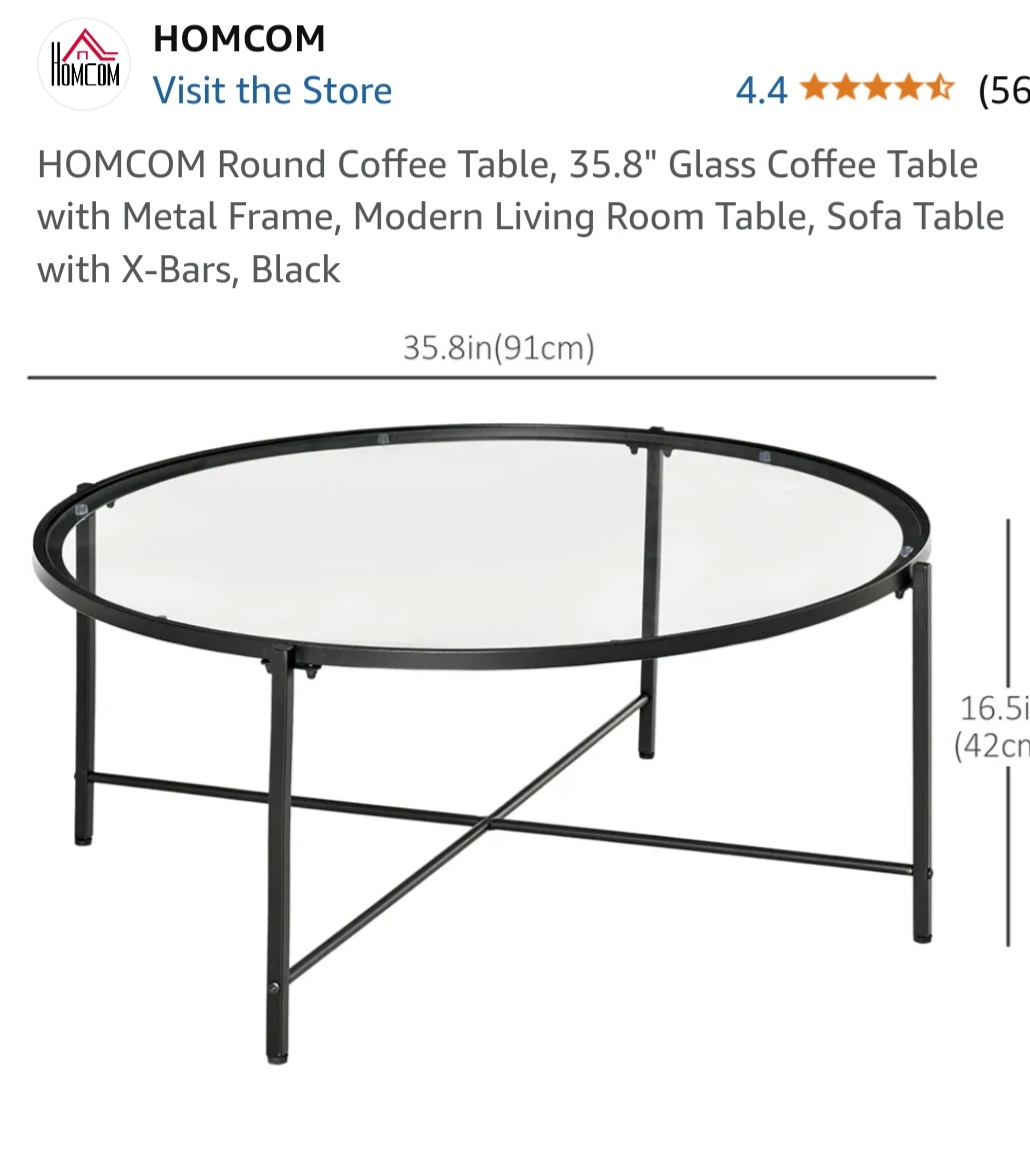 HOMCOM Round Coffee Table - 35.8" Glass/black Metal Frame - photo 2