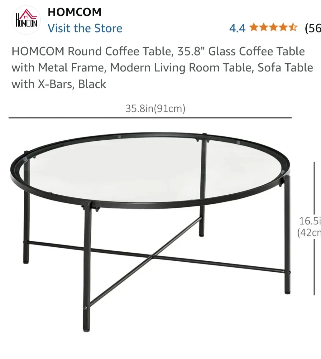HOMCOM Round Coffee Table - 35.8" Glass/black Metal Frame image indicator(2)