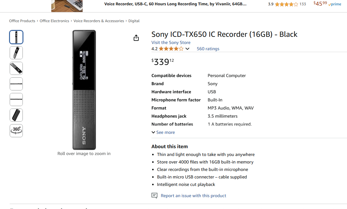 Sony ICD-TX650 Digital Voice Recorder - 16GB