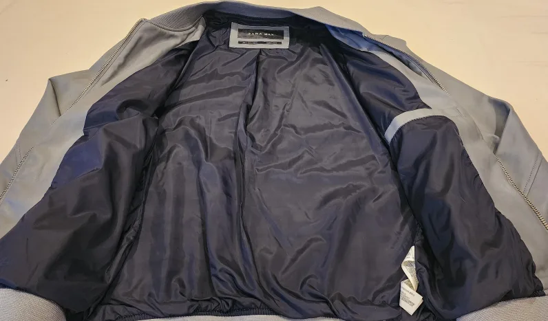 Zara Man Grey Leather(poliester) Bomber Jacket - Size L image indicator(6)