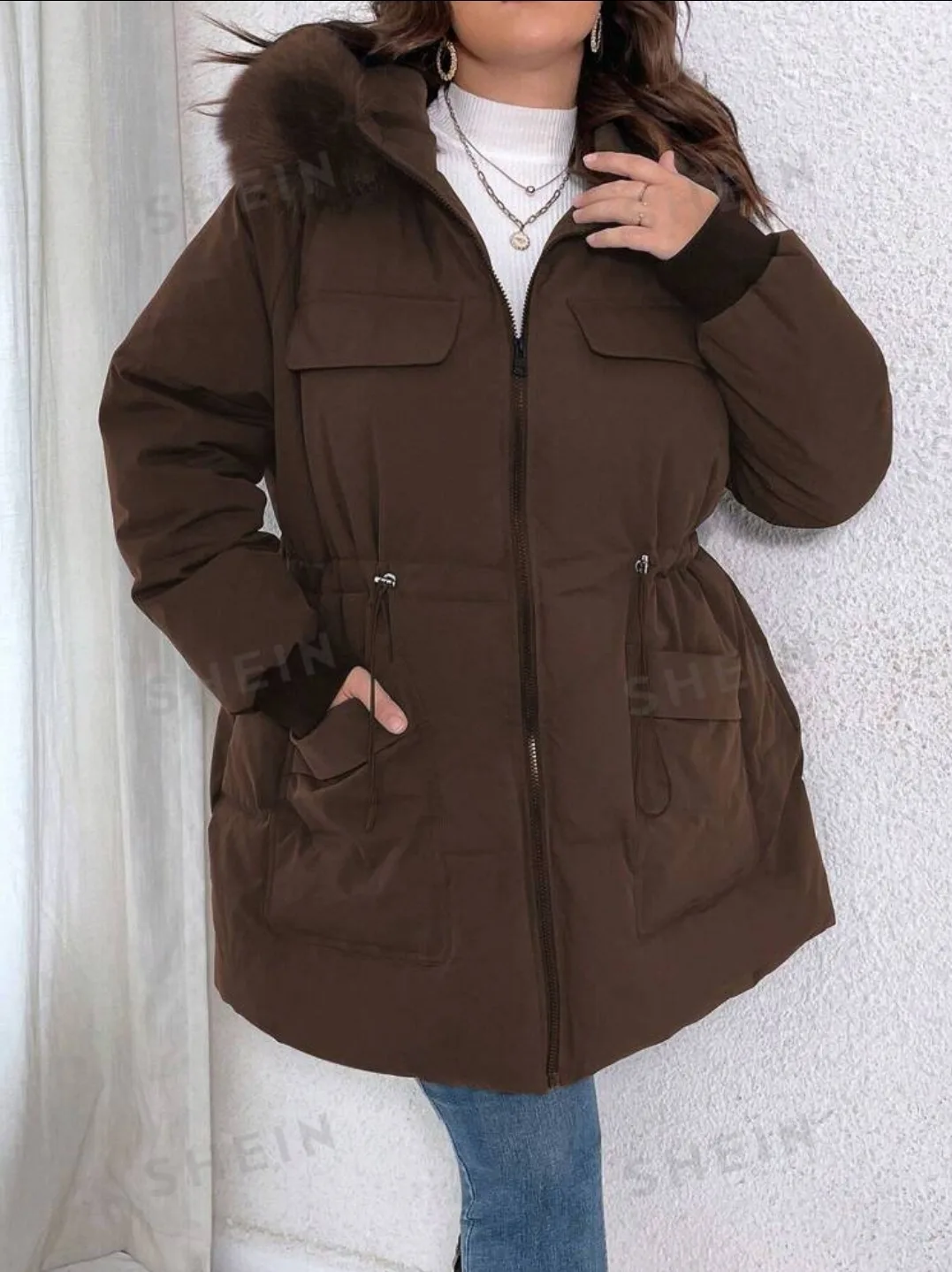 Relaxiva Plus Size Fluffy Patchwork Hooded Coat (US 14 | 1XL) image indicator(5)