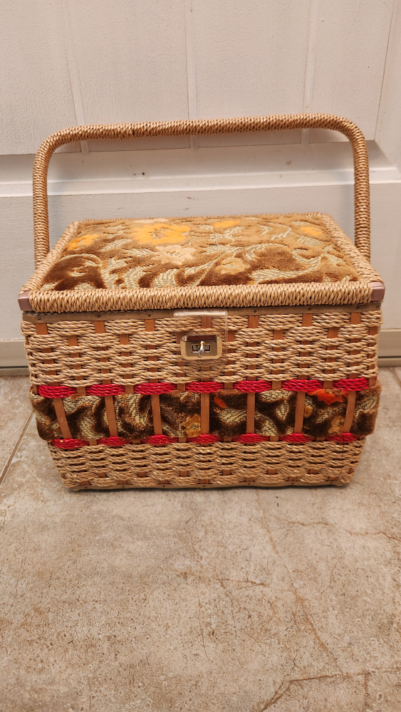 Vintage Wicker Sewing Basket with Floral Pattern