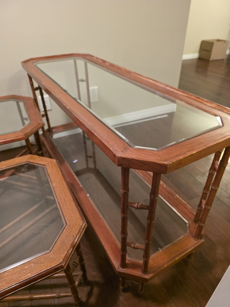 Vintage Bamboo & Glass Coffee Table Set - photo 3