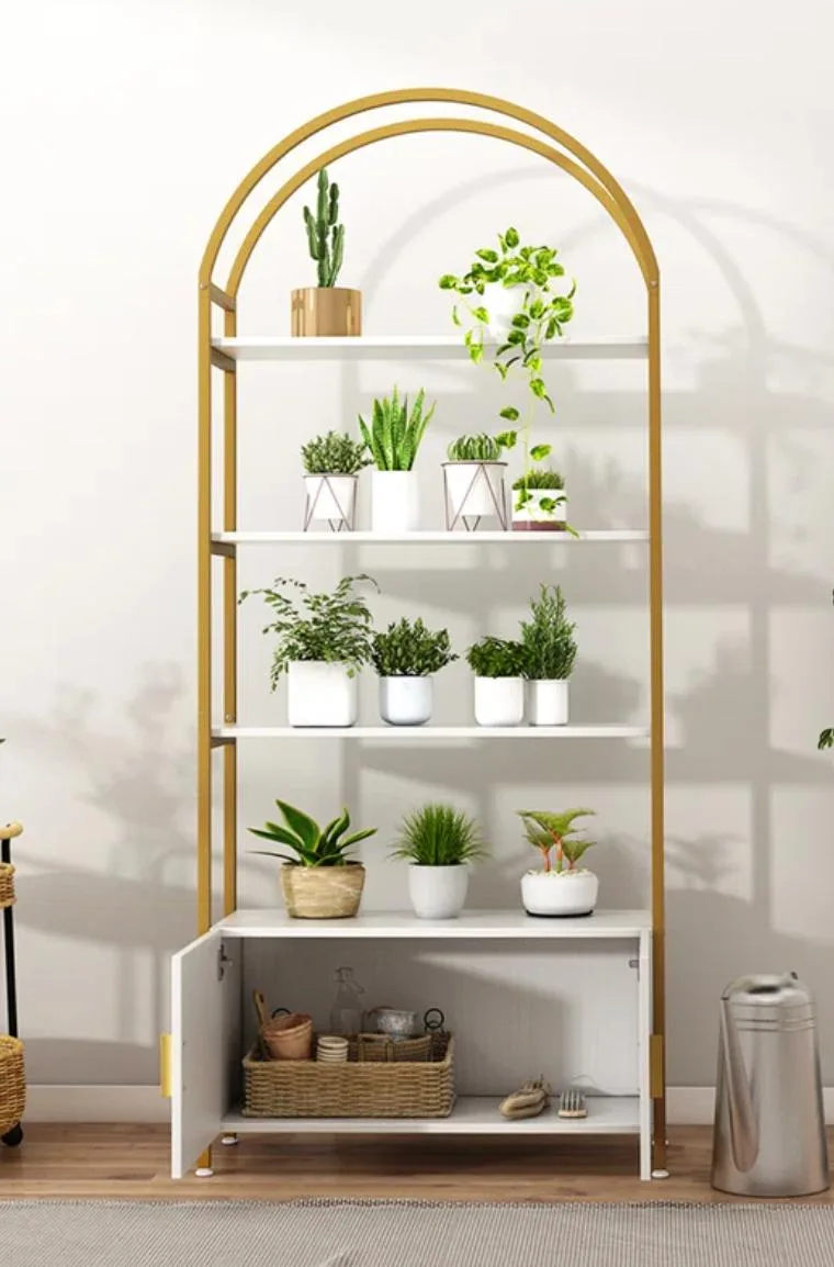 Gold Metal and White Wooden Arch Bookcase with Cabinets image indicator(2)