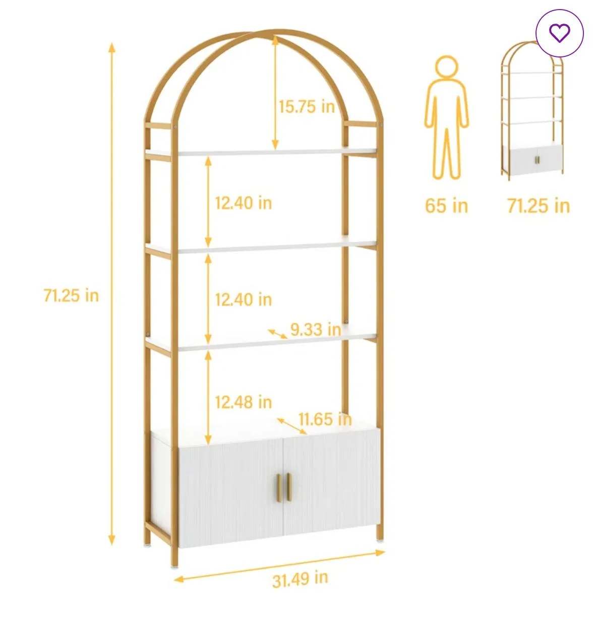 Gold Metal and White Wooden Arch Bookcase with Cabinets image indicator(3)