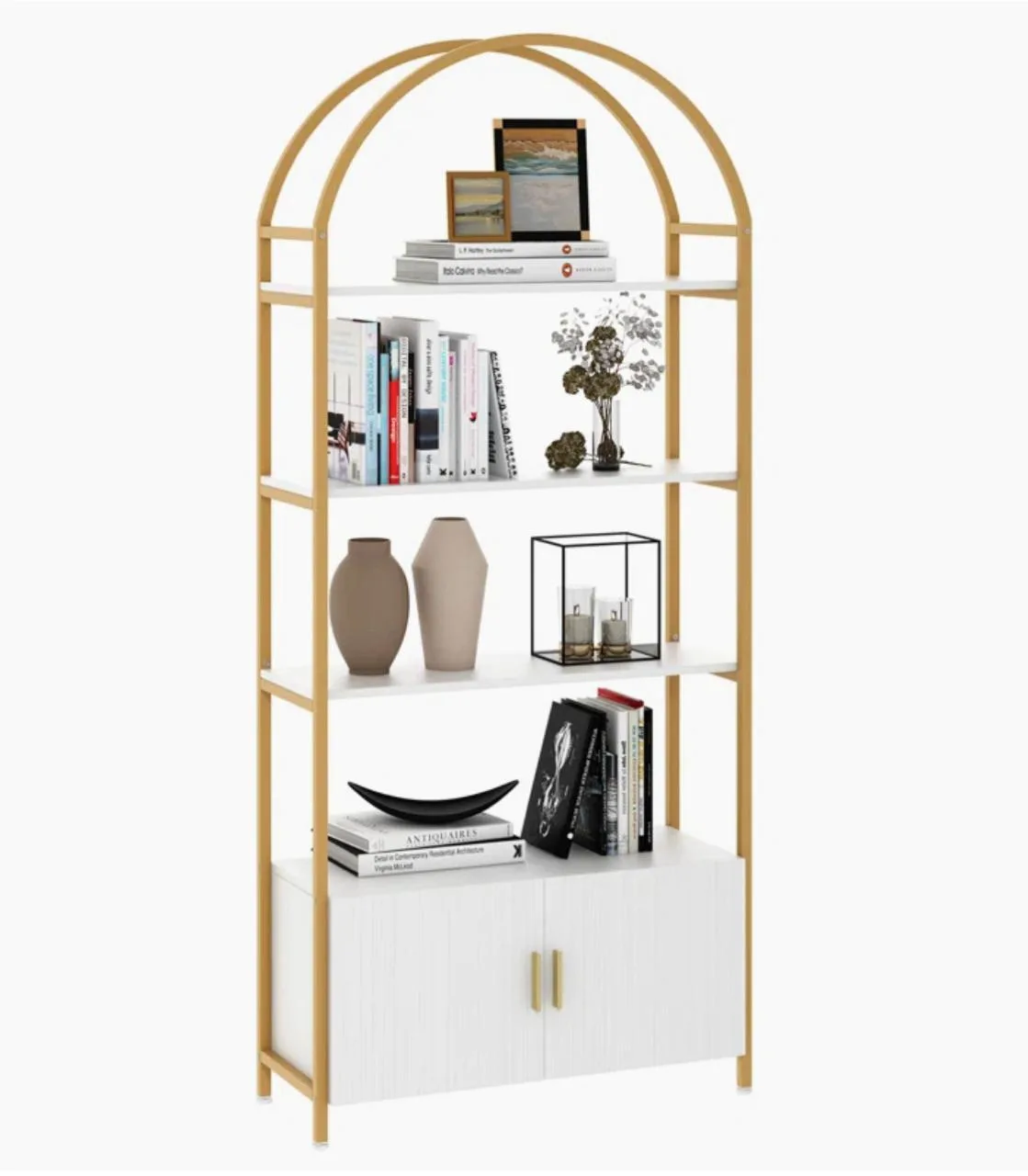 Gold Metal and White Wooden Arch Bookcase with Cabinets image indicator(4)