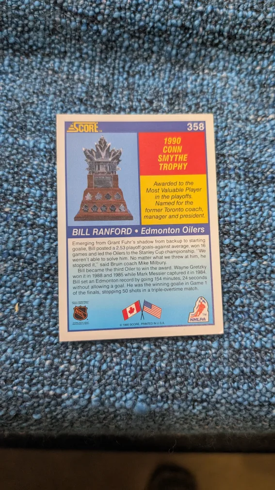 💚👀-WOW- 1990 Score Bill Ranford Hockey Card #358 image indicator(2)