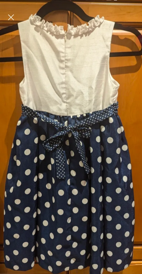 American Princess Girls' Size 6X White and Navy Polka Dot Dress image indicator(2)