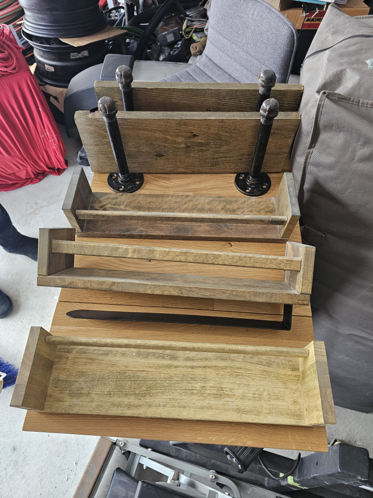 Set of 5 Rustic Wooden Shelves with Black Pipe Brackets