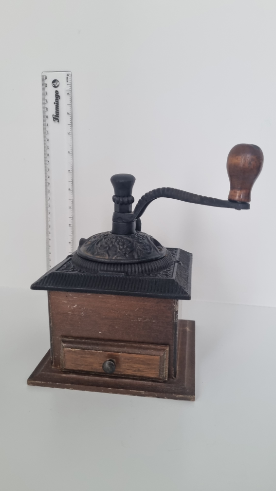 Antique Cast Iron Coffee Grinder with Wooden Base