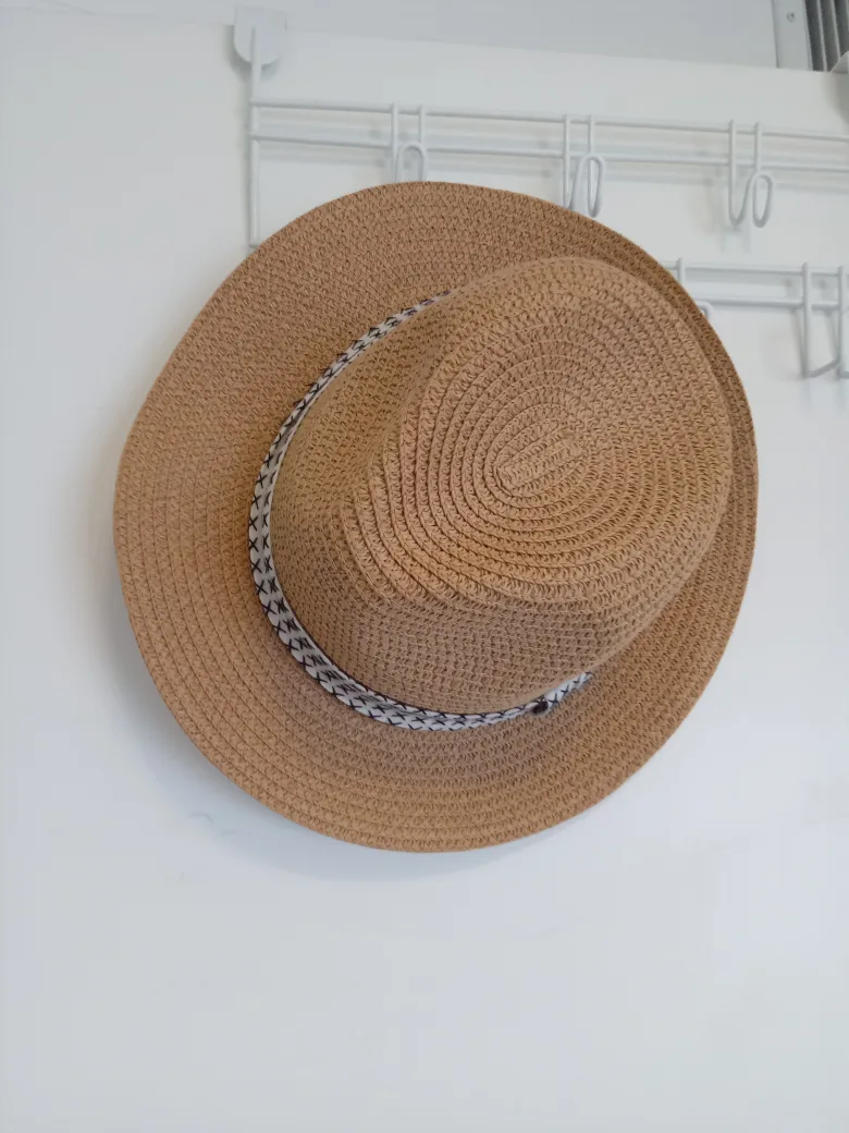 Tan Straw Hat with Patterned Band thumbnail